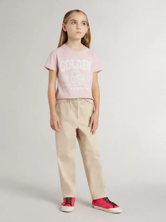 Pantalones de algodón beige con bordado para niña