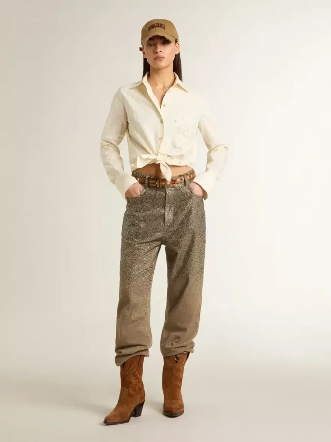 Pantalones de algodón caqui para mujer con efecto degradado Swarovski