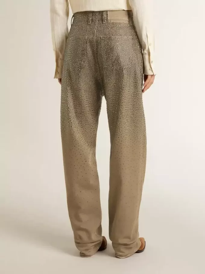 Pantalones de algodón caqui para mujer con efecto degradado Swarovski