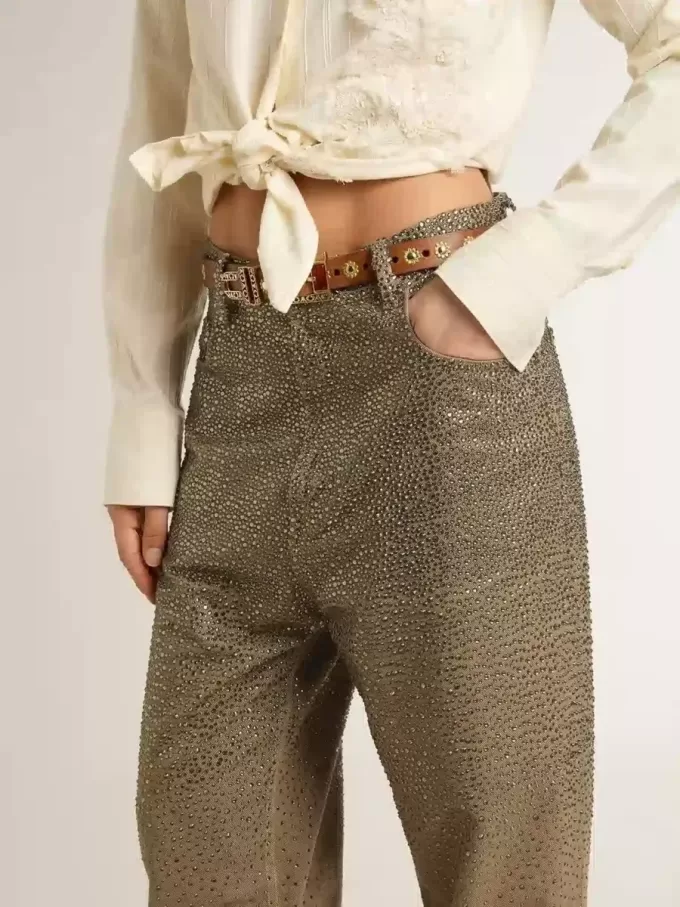 Pantalones de algodón caqui para mujer con efecto degradado Swarovski