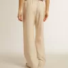 Pantalones de chándal de seda y viscosa beige claro para mujer. Pantalones de chándal de seda y viscosa beige claro para mujer.