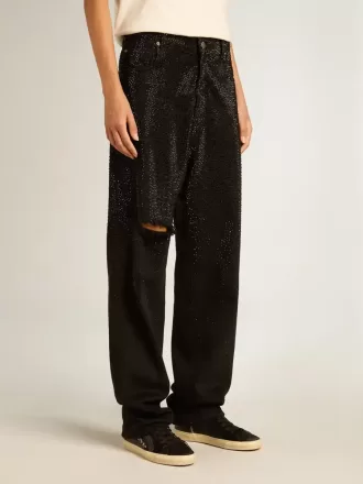 Pantalones de denim de algodón para mujer con adornos de cristales con efecto sombreado