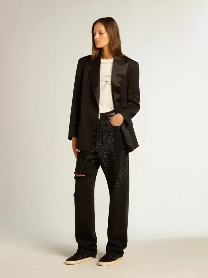 Pantalones de denim de algodón para mujer con adornos de cristales con efecto sombreado