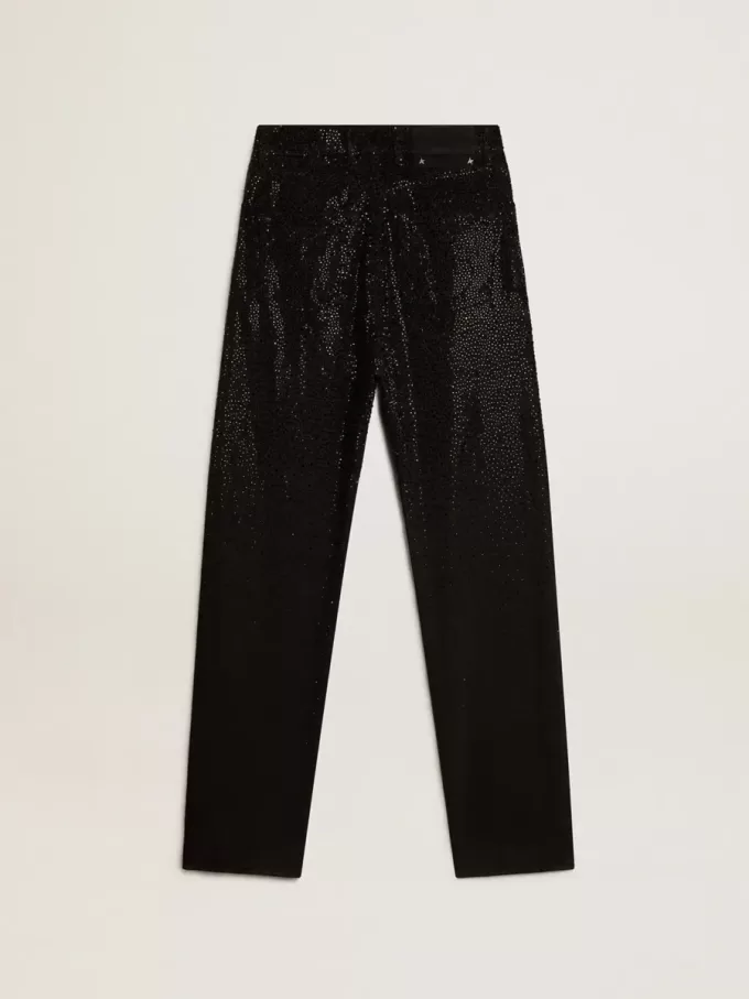 Pantalones de denim de algodón para mujer con adornos de cristales con efecto sombreado