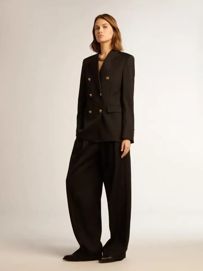 Pantalones de gabardina de lana negros para mujer