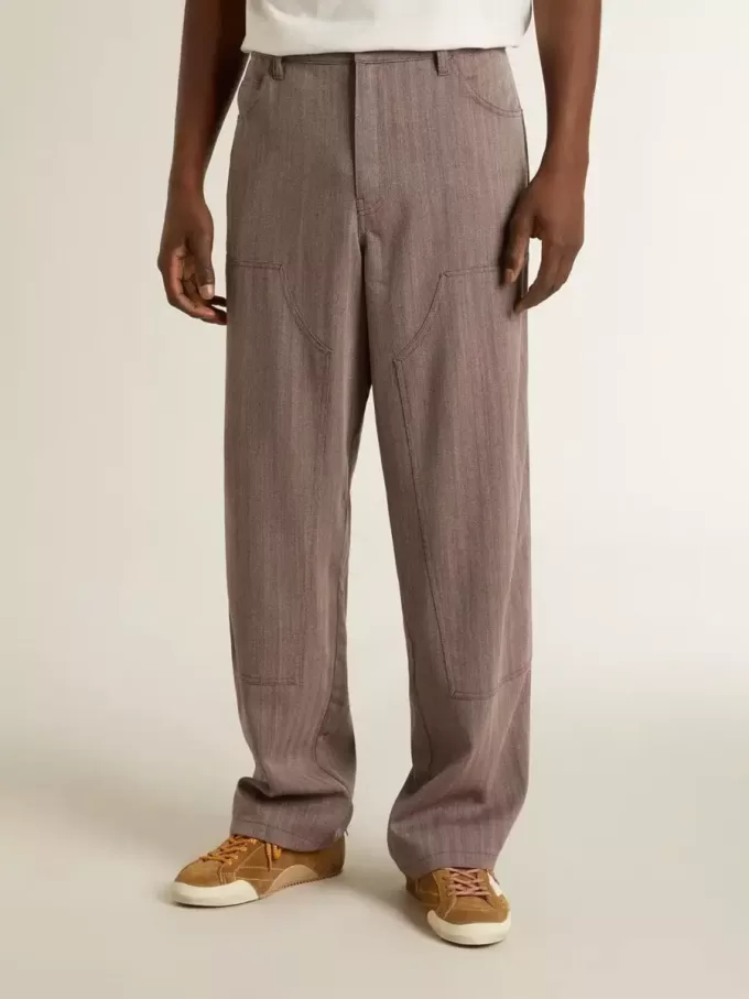 Pantalones de hombre de mezcla de lana en micro chevron marrón claro Pantalones de hombre de mezcla de lana en micro chevron marrón claro