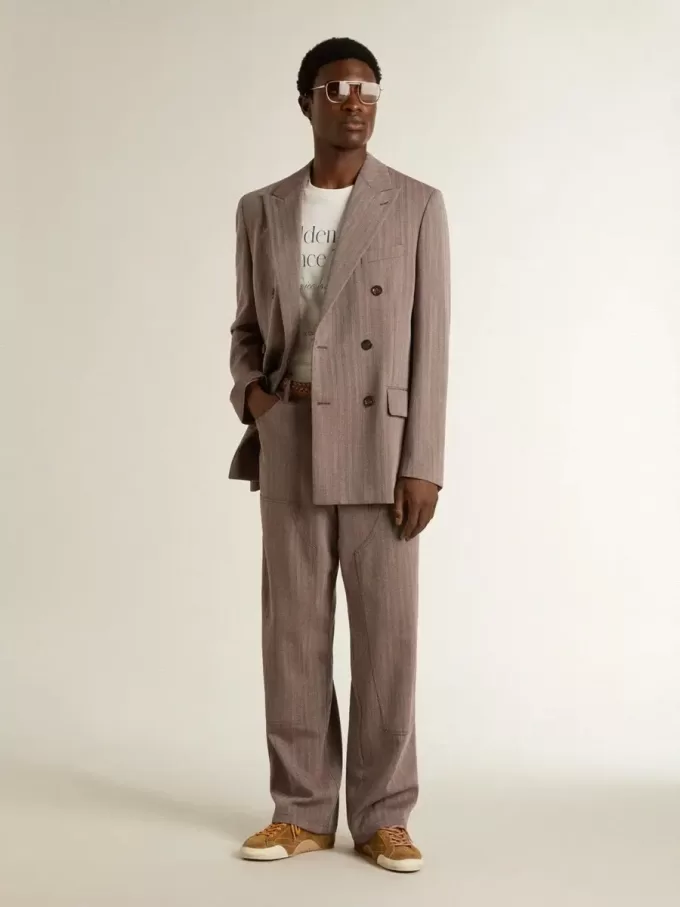 Pantalones de hombre de mezcla de lana en micro chevron marrón claro Pantalones de hombre de mezcla de lana en micro chevron marrón claro