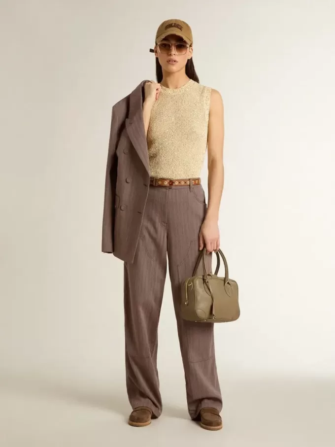 Pantalones de mujer de mezcla de lana en micro chevron marrón claro Pantalones de mujer de mezcla de lana en micro chevron marrón claro