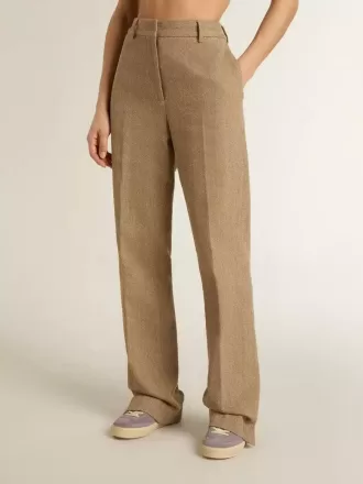 Pantalones de mujer en mezcla de lino con diseño en espiga color arena