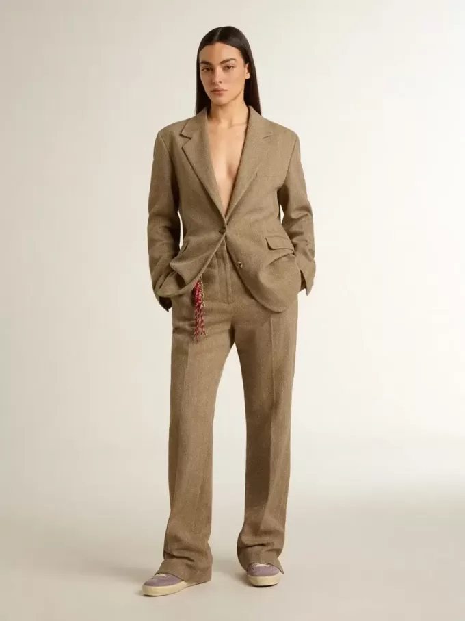 Pantalones de mujer en mezcla de lino con diseño en espiga color arena Pantalones de mujer en mezcla de lino con diseño en espiga color arena