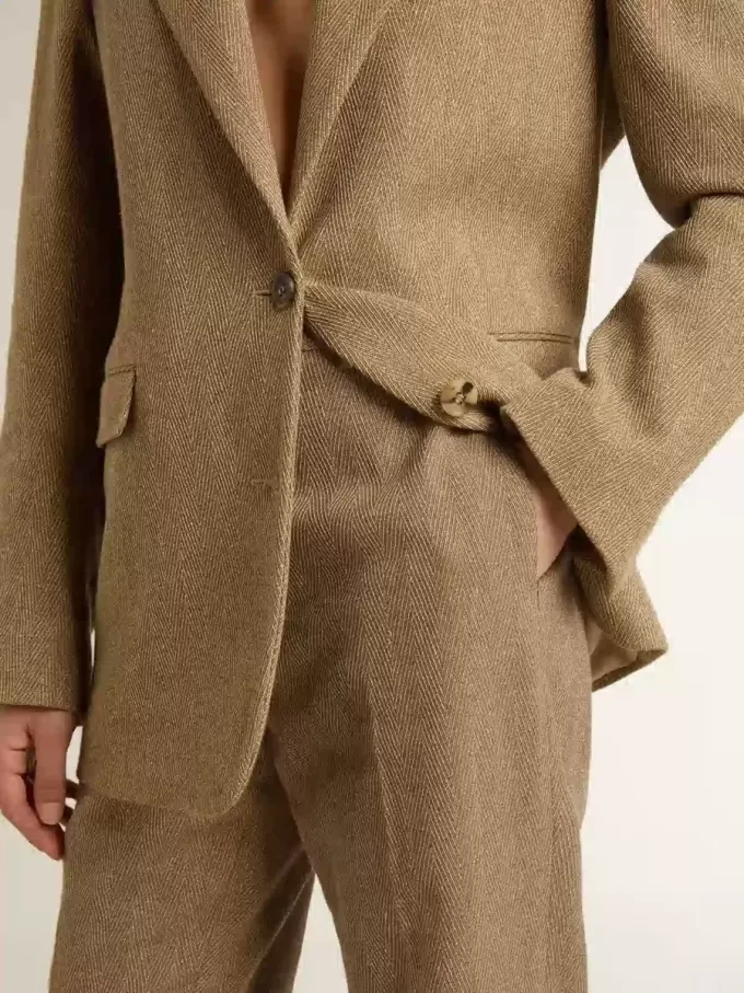 Pantalones de mujer en mezcla de lino con diseño en espiga color arena Pantalones de mujer en mezcla de lino con diseño en espiga color arena