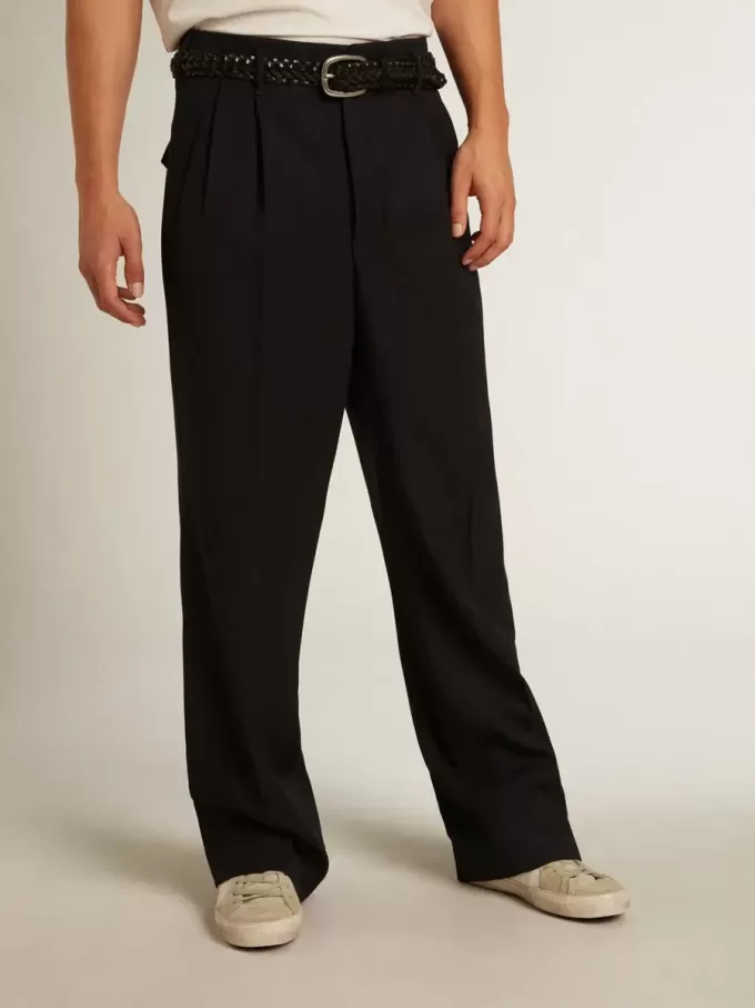 Pantalones de pierna ancha para hombre en lana azul oscuro