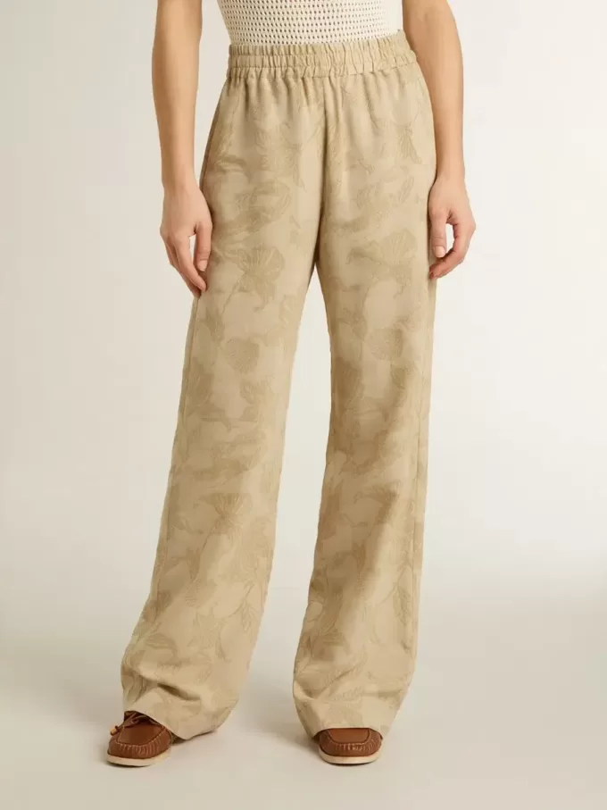 Pantalones de pijama para mujer en jacquard beige con estampado floral