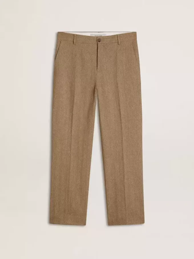 Pantalones de sastrería en mezcla de lino con estampado chevron color arena