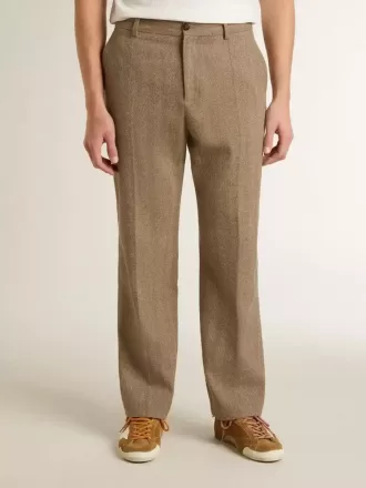 Pantalones de sastrería en mezcla de lino con estampado chevron color arena