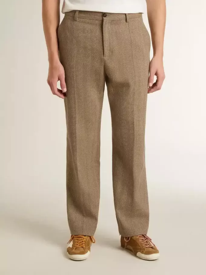 Pantalones de sastrería en mezcla de lino con estampado chevron color arena