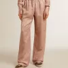 Pantalones de viscosa rosa con estampado floral para mujer