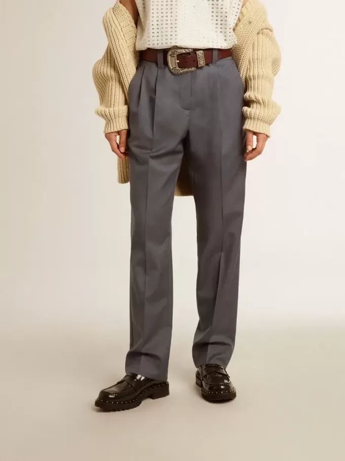 Pantalones holgados de mujer en lana azul celeste