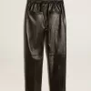 Pantalones joggers negros de piel napa con cremallera en la base