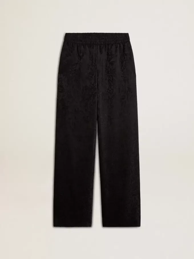 Pantalones joggers negros para mujer con estampado toile de jouy tono sobre tono