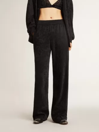 Pantalones joggers negros para mujer con estampado toile de jouy tono sobre tono