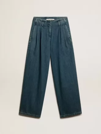 Pantalones plisados de algodón azul para mujer