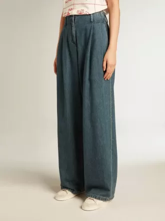 Pantalones plisados de algodón azul para mujer