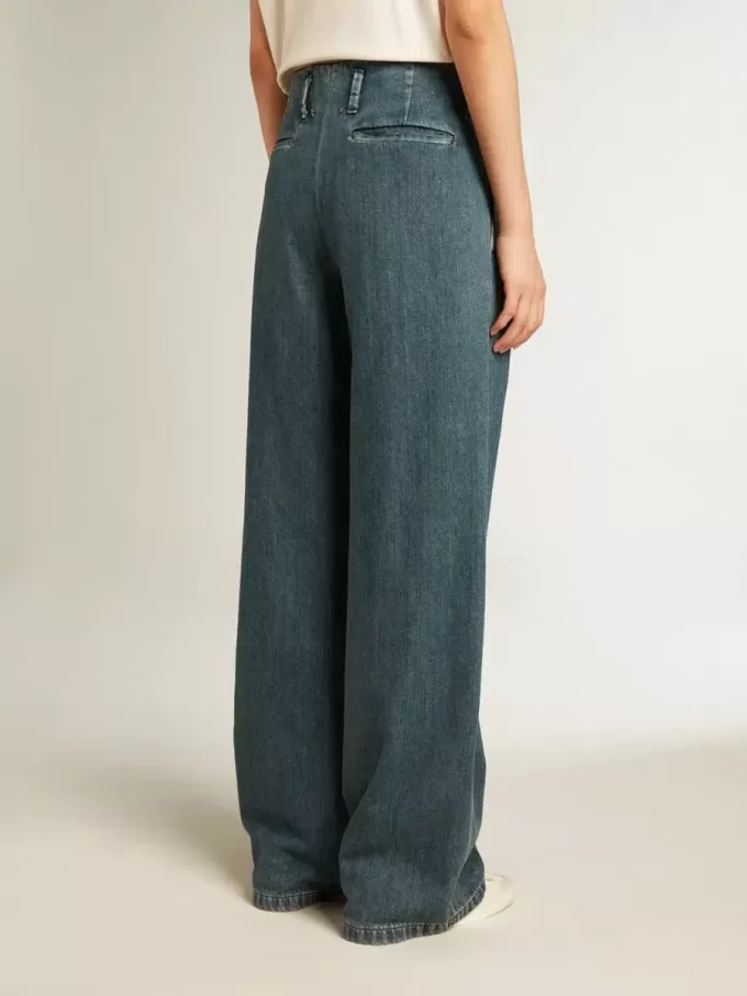 Pantalones plisados de algodón azul para mujer