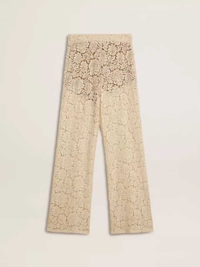 Pantalones transparentes de encaje color crema para mujer