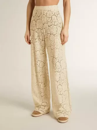 Pantalones transparentes de encaje color crema para mujer