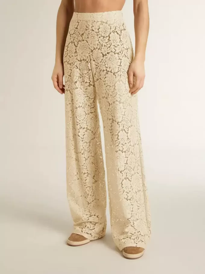 Pantalones transparentes de encaje color crema para mujer