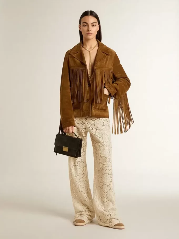 Pantalones transparentes de encaje color crema para mujer