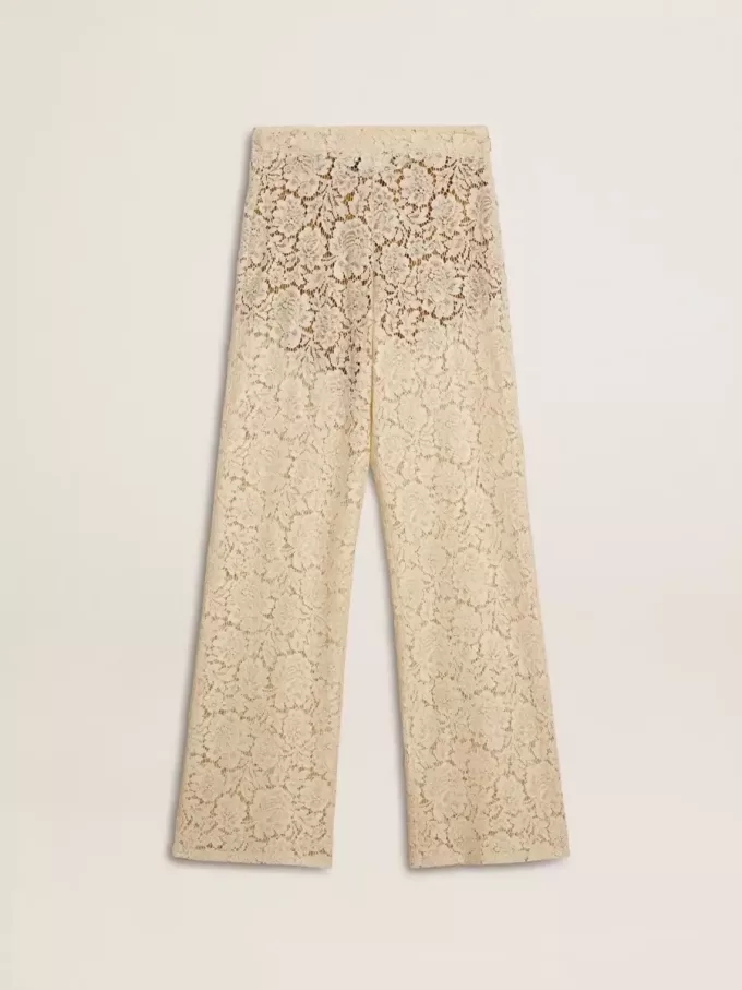 Pantalones transparentes de encaje color crema para mujer