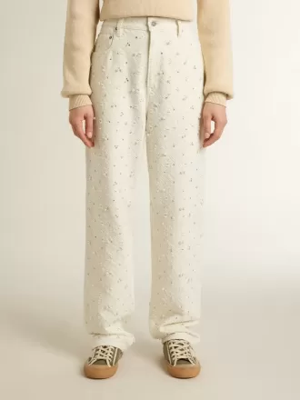 Pantalones vaqueros blancos de mujer con abalorios y cristales