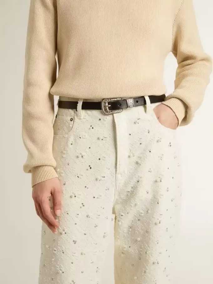 Pantalones vaqueros blancos de mujer con abalorios y cristales
