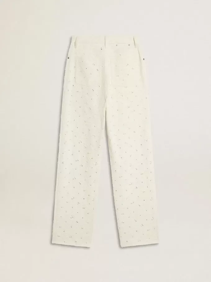 Pantalones vaqueros blancos de mujer con abalorios y cristales