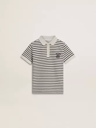 Polo blanco de algodón para niño con rayas azul marino y bordado