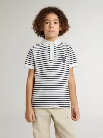 Polo blanco de algodón para niño con rayas azul marino y bordado
