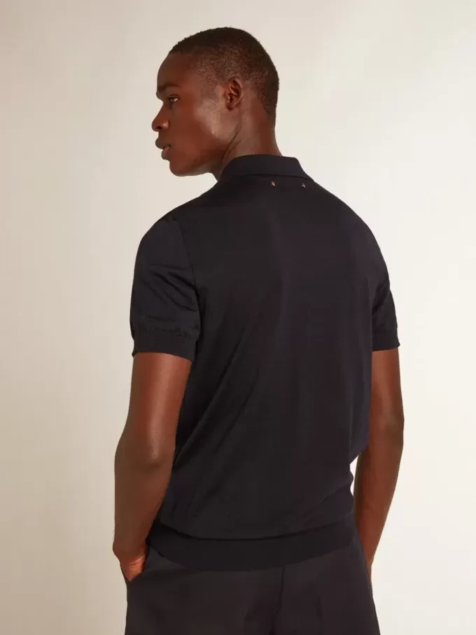 Polo de manga corta para hombre en lana merino azul marino
