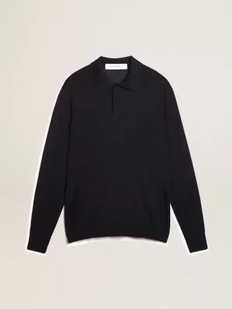 Polo de manga larga para hombre en lana merino azul marino