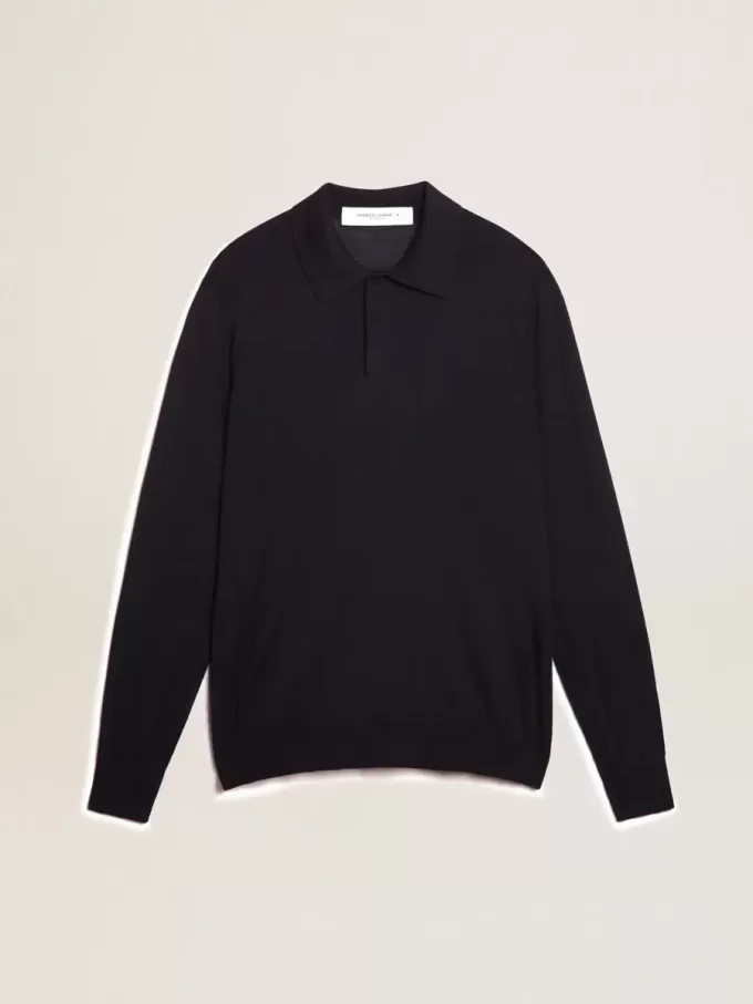 Polo de manga larga para hombre en lana merino azul marino Polo de manga larga para hombre en lana merino azul marino