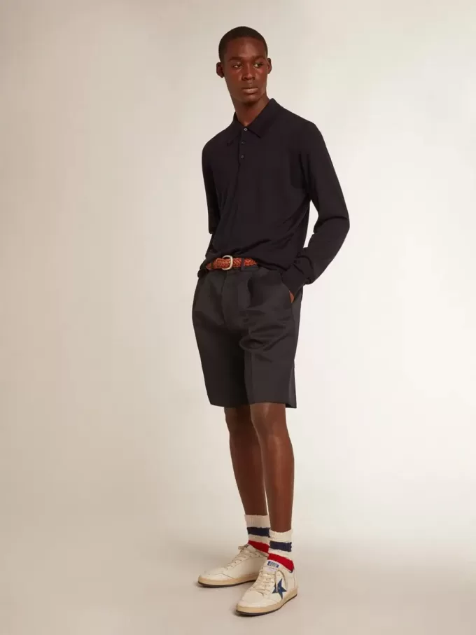 Polo de manga larga para hombre en lana merino azul marino Polo de manga larga para hombre en lana merino azul marino