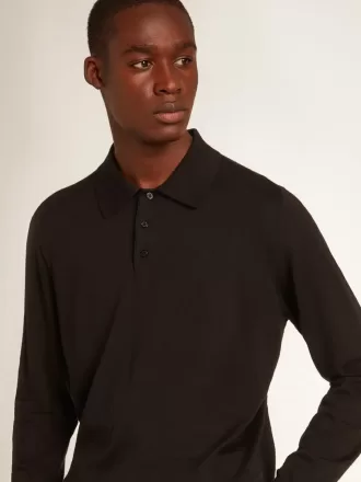 Polo de manga larga para hombre en lana merino negra