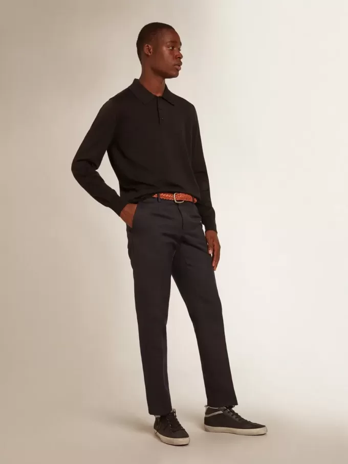 Polo de manga larga para hombre en lana merino negra