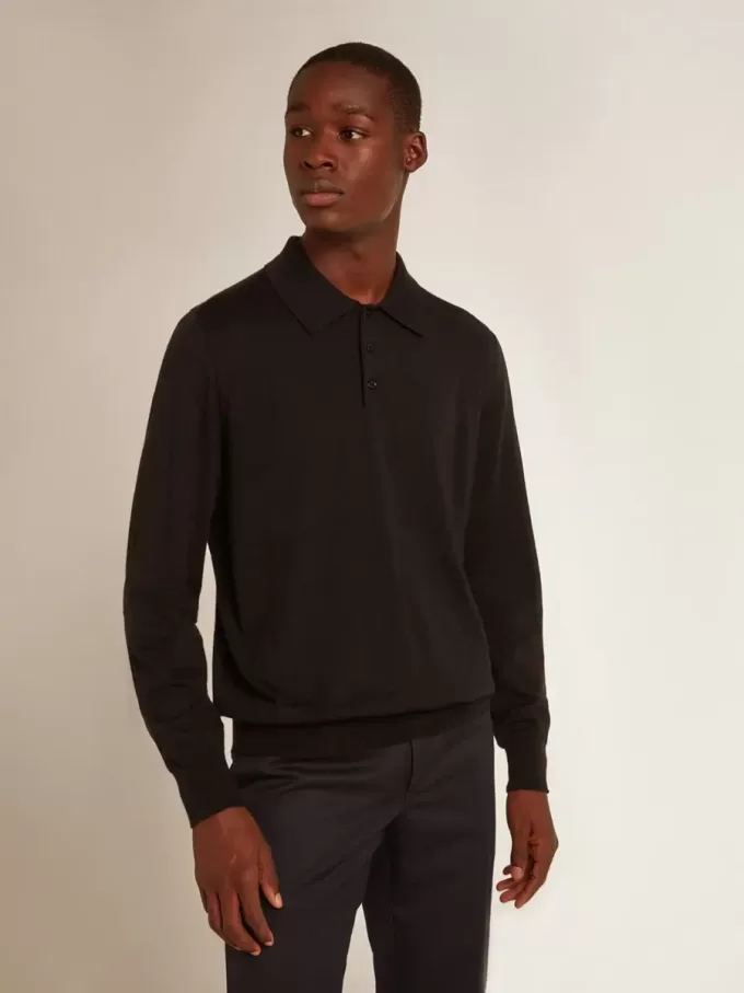 Polo de manga larga para hombre en lana merino negra