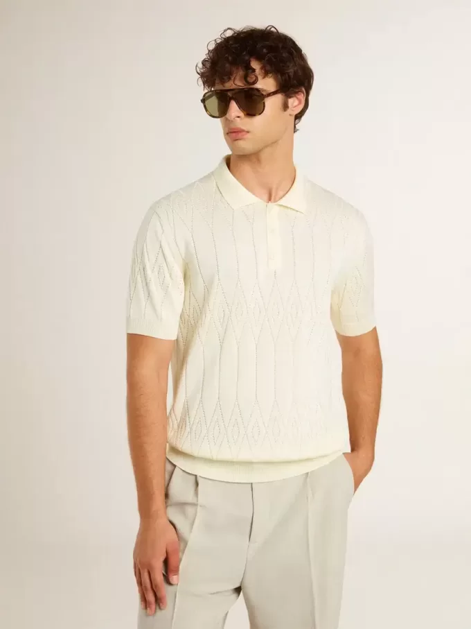 Polo de punto jacquard blanco para hombre
