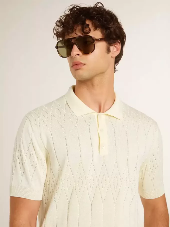Polo de punto jacquard blanco para hombre