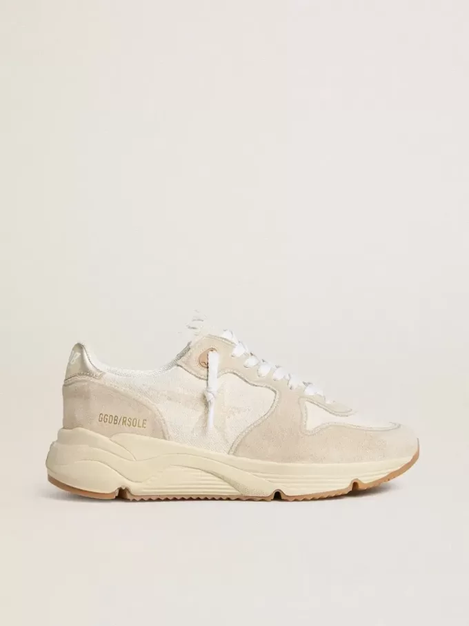 Running Sole para mujer en lona con estrella beige y lengüeta del talón en piel metalizada platino