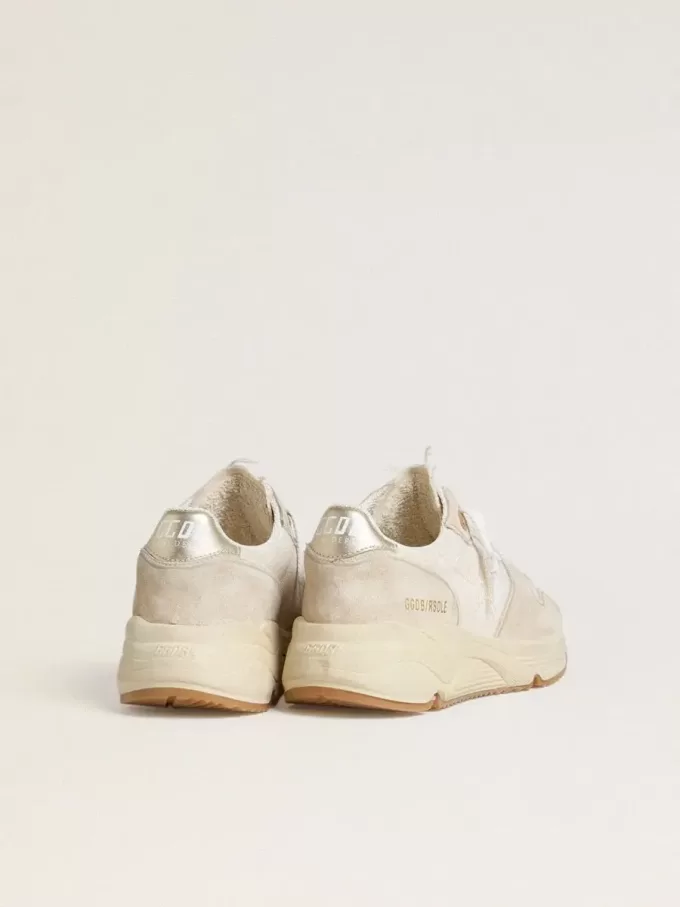 Running Sole para mujer en lona con estrella beige y lengüeta del talón en piel metalizada platino