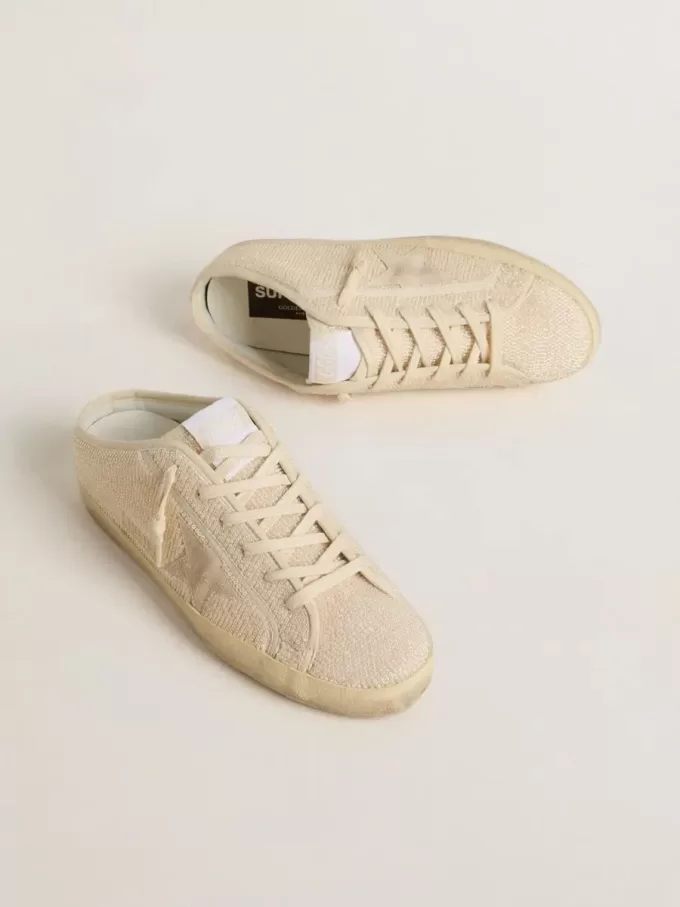 Sabot Super-Star para mujer en lona beige con abalorios bordados y estrella de ante beige